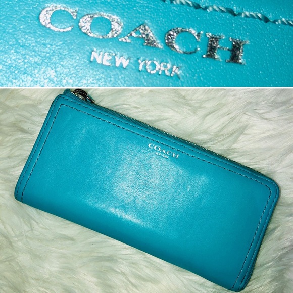 Coach Handbags - Coach Robin Egg Blue Zip Leather Wallet